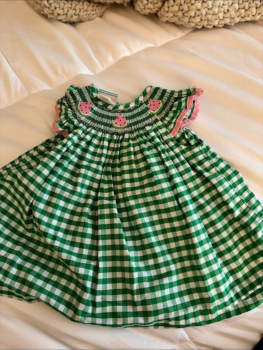 Southern Sunshine smocked Gingham Smocked Dress in Green & White Size 2t Like N